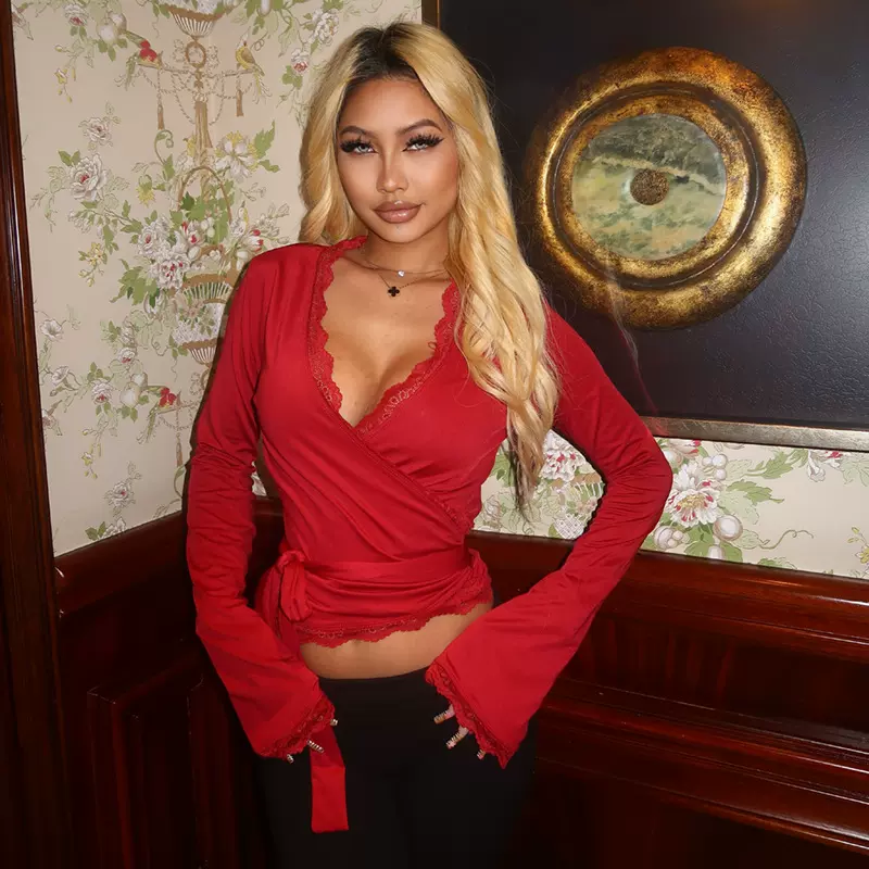 欧美跨境2025秋季新款女装纯色性感v领蕾丝花边系带长袖修身T恤女
