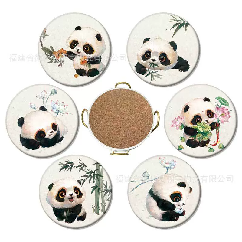 厂家批发文创旅游纪念 国风陶瓷礼品杯垫摆件 冰箱贴熊猫吸水杯垫
