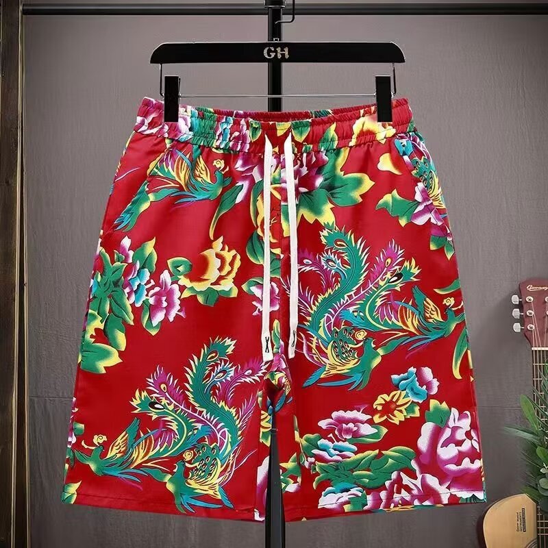 Men's and Women's Spliced Large Size Shorts Northeastern Big Flower Chinese Style Casual Beach Pants Five-Point Team Pants Trendy Men and Women