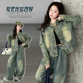 女童韩版牛仔套装2026新款中大童女孩春秋休闲潮流设计感两件套