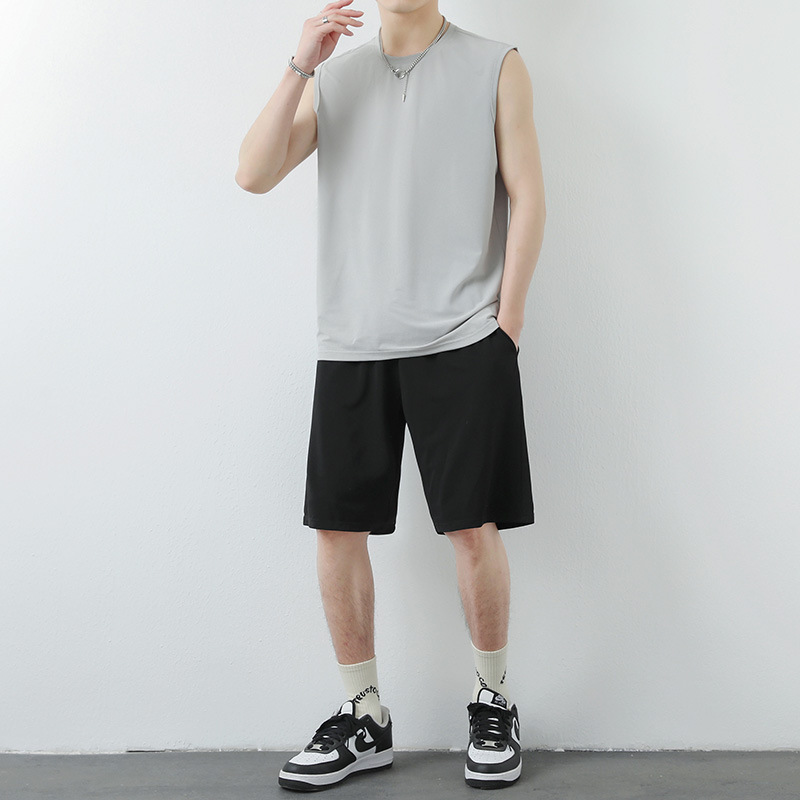 Nueva camiseta corta sin mangas para hombres marca de moda casual de verano nuevo chaleco de dos piezas juego de ropa deportiva de verano para hombres hielo