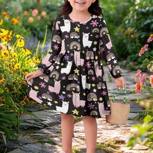 Cute Animal Long Sleeve Girls' Dress Dress with Pocket Button A- Line Dress Children's Dress Children's Wear Big Children