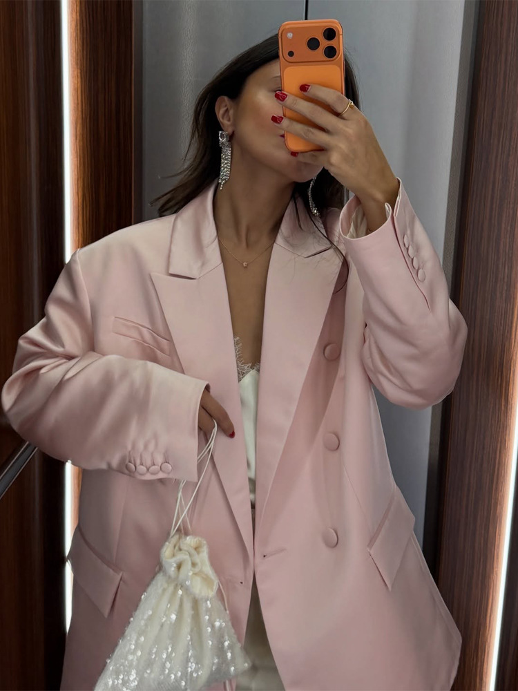 Saco Blazer de Satén con Solapa para Mujer Poliéster para Oficina y Eventos