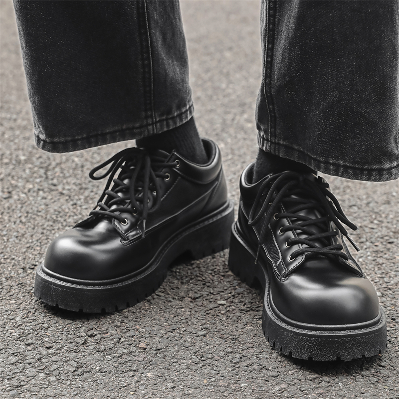 Baskets Derby pour homme ShoeVault, semelle épaisse rehaussante, noires, style britannique décontracté, chaussures de sport en cuir et mesh respirant pour l'été_voghion.com