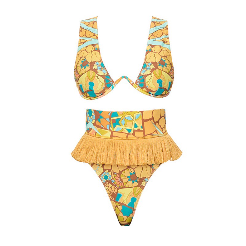 Women's Ethnic Print Bikini Set European American Style Tassel Design Cross Border Fashion Swimwear For Spring/Autumn Summer_voghion.com