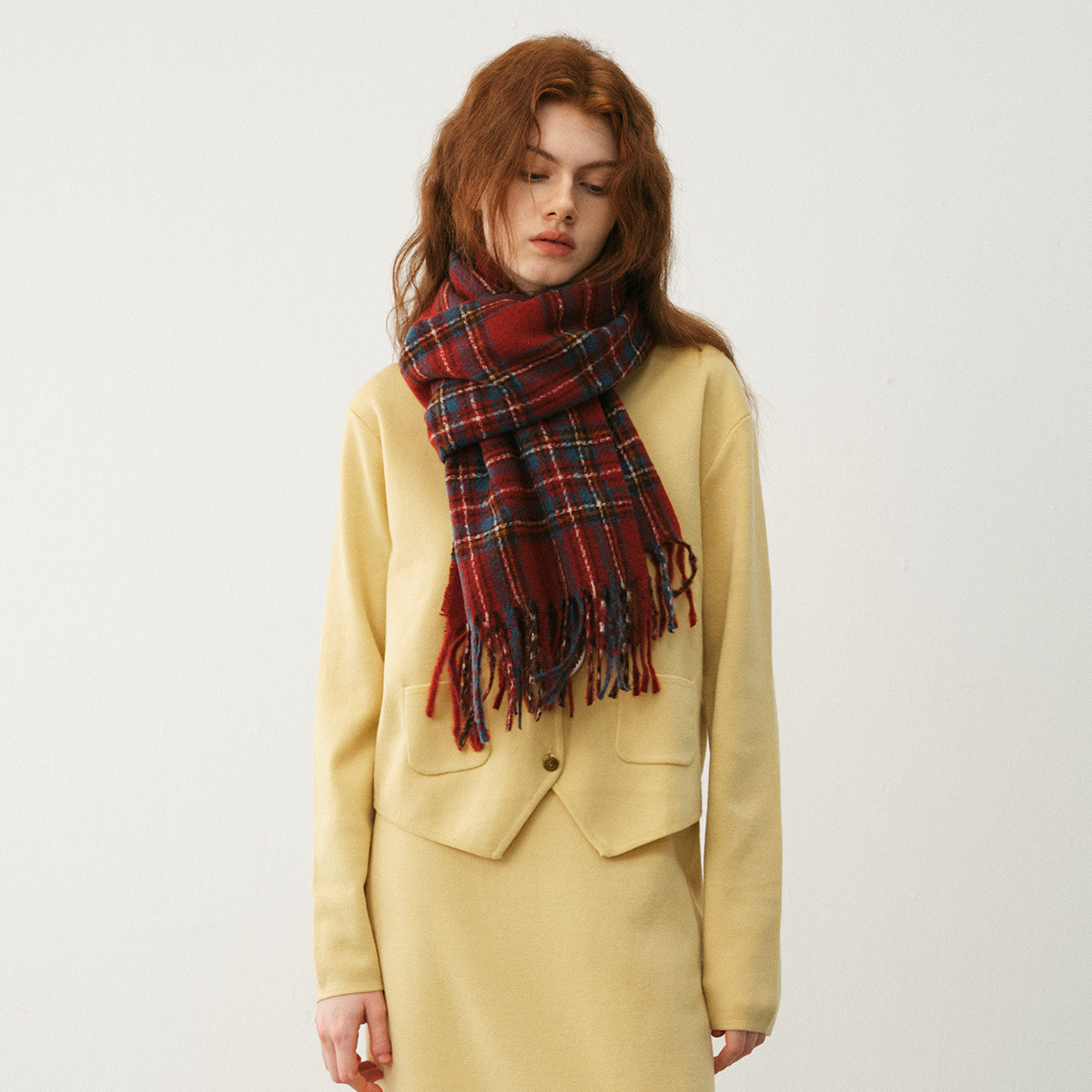 Designer vintage classic red-green faux cashmere Christmas plaid fringe scarf Women's Winter soft extra neck scarf_voghion.com