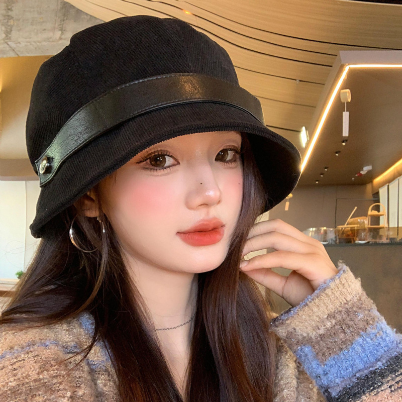 日系灯芯绒黑色渔夫帽女休闲百搭素颜盆帽大头围显脸小水桶帽子潮|undefined