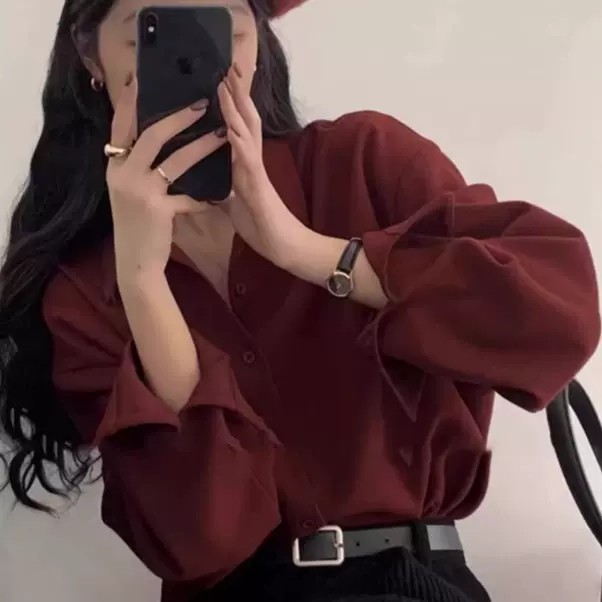 港风复古红色衬衫女秋季2024年新款慵懒休闲叠穿衬衣内搭长袖上衣