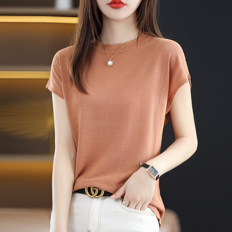 Linen Ice Silk Knitted Short-Sleeved T-Shirt for Women 2025 Summer New Thin Ins Trendy Short Half-Sleeved Tops Wholesale