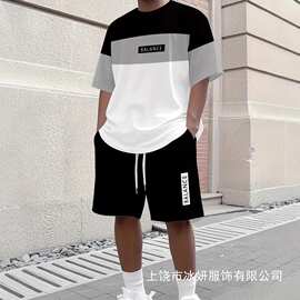 Temu跨境欧美夏季T恤短裤套装图案字母3D数码印花休闲沙滩裤套装