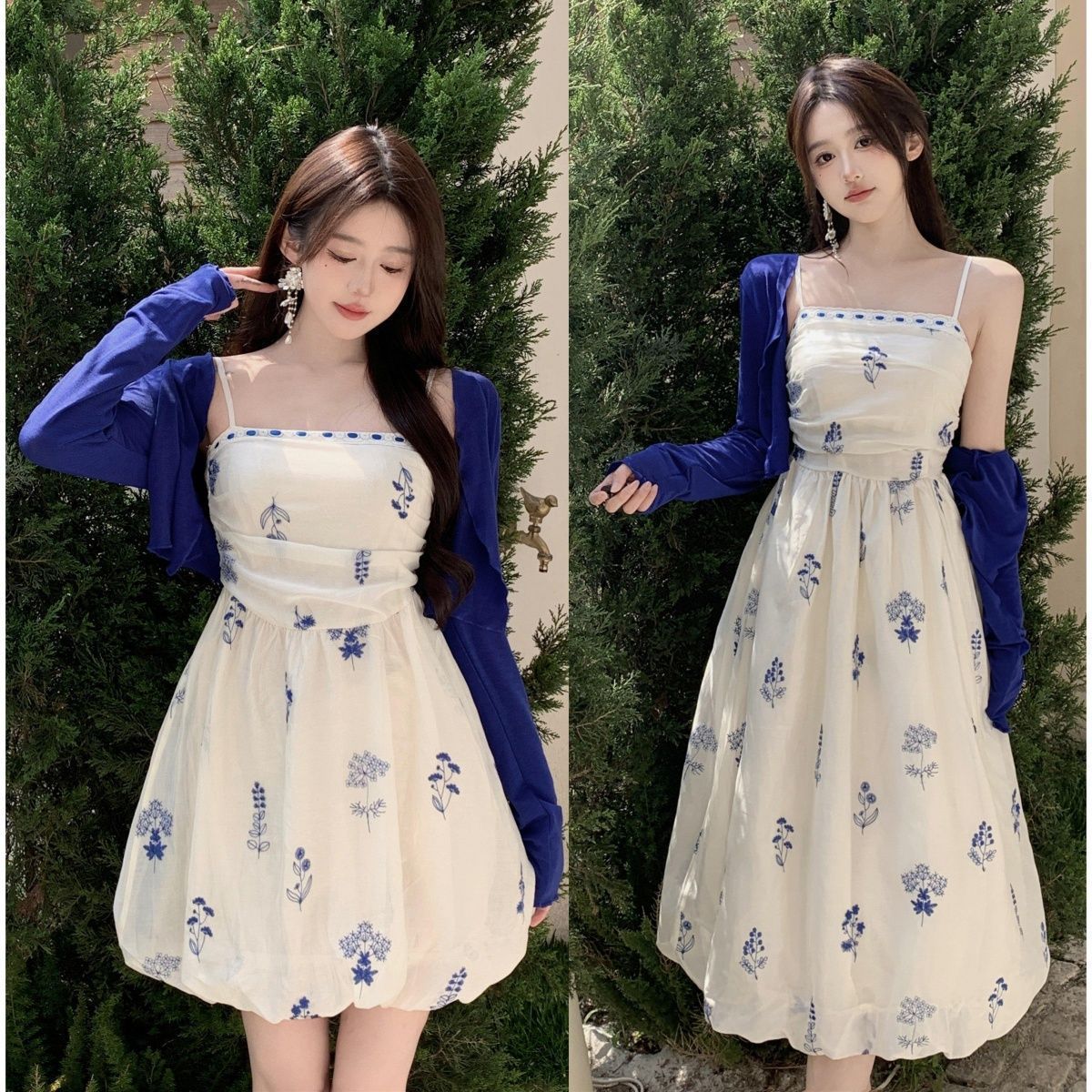 微胖mm新中式国风海盐coco法式吊带连衣裙春夏花苞裙+开衫两件套