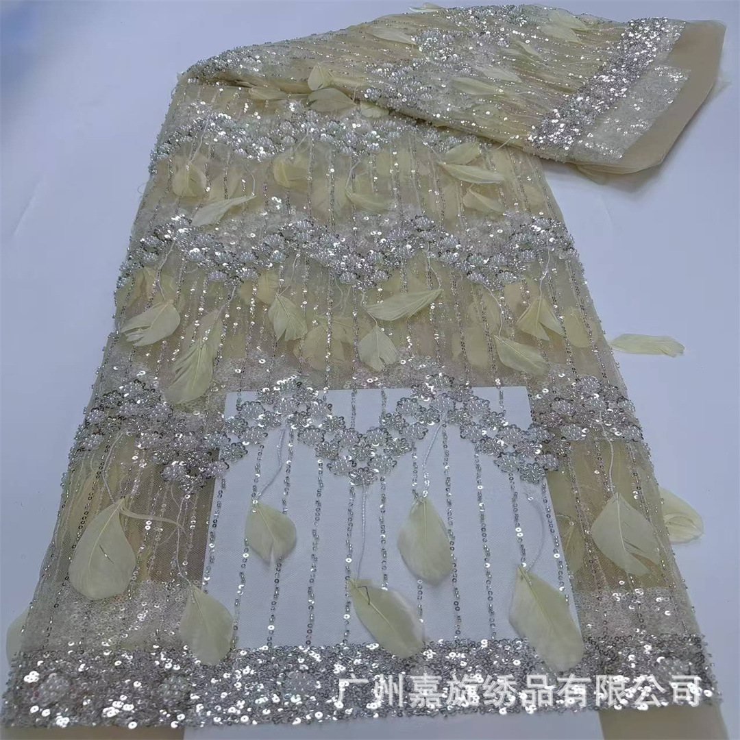 Nueva pluma vestido de tela brillante tubo de cuentas de lentejuelas tela de encaje boda laceJX2725
