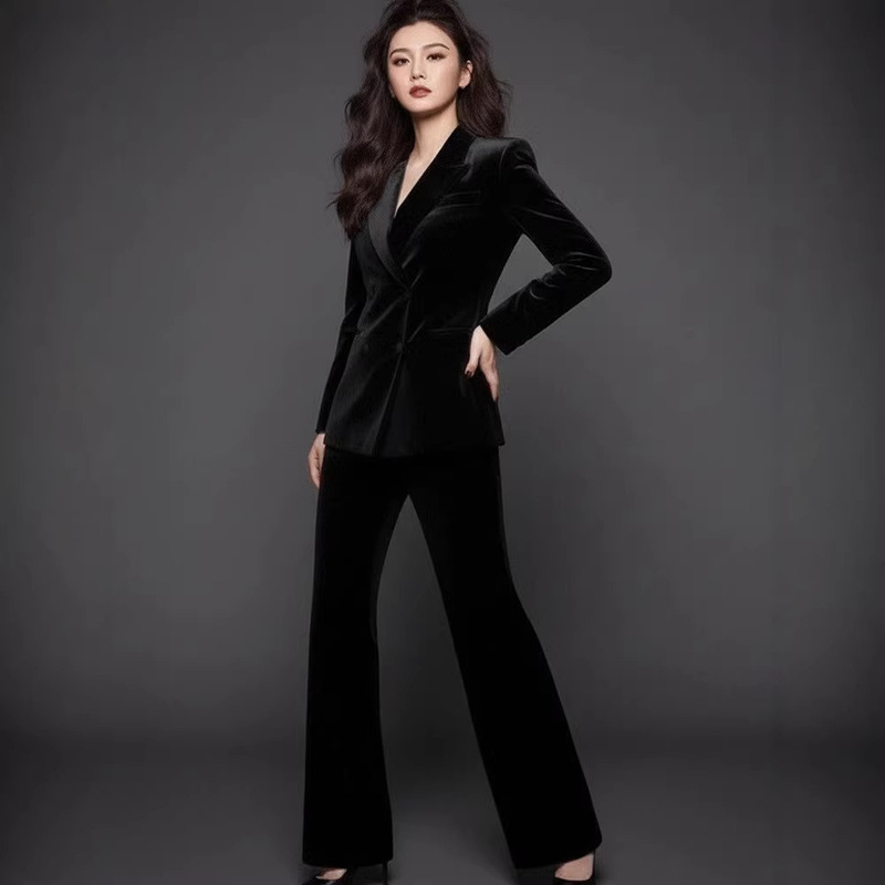 Autumn and Winter Black Velvet Suit with Covered Buttons for Women, High-End Professional Attire with a Goddess-Like Elegant Style, High-End Two-Piece Set