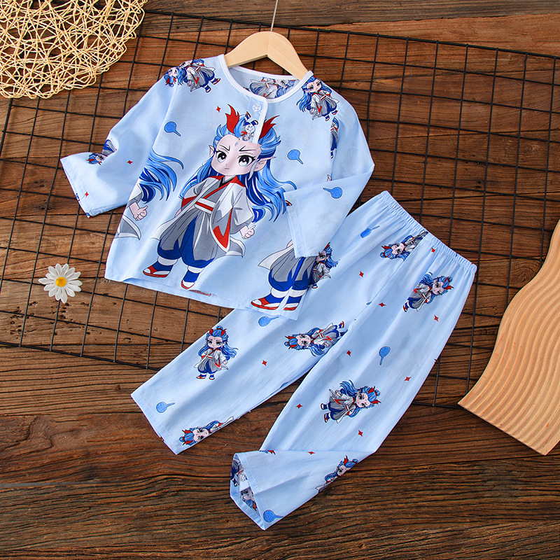 Summer Children's Cotton Silk Pajamas for Little Boys, Thin Style Nezha Ao Bing Air-Conditioned Home Wear Boys' Cartoon Set