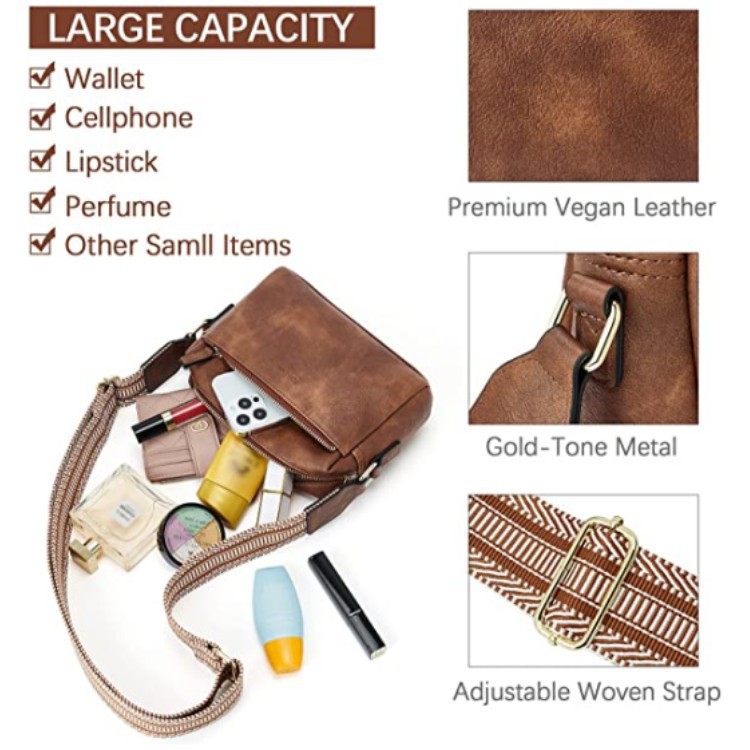 New women's small crossbody bag, three zippered mobile phone newspaper, leather small bag, colored shoulder strap single shoulder bag_voghion.com