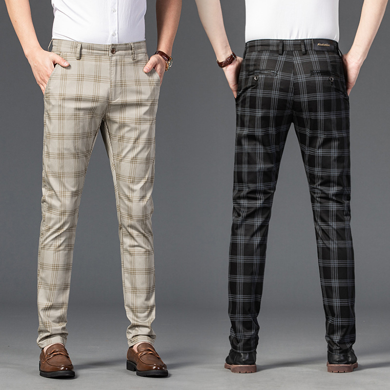2025 Spring Men's Casual Pants Men's Plaid Stretch Slim Business Straight Pants Youth Fashion Trendy Men's Pants