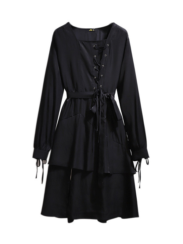 60-160kg Plus Size Dark Style Dress 2025 Spring & Fall Slightly Fat mm Personalized Lace-Up Long-Sleeved Mid-Length