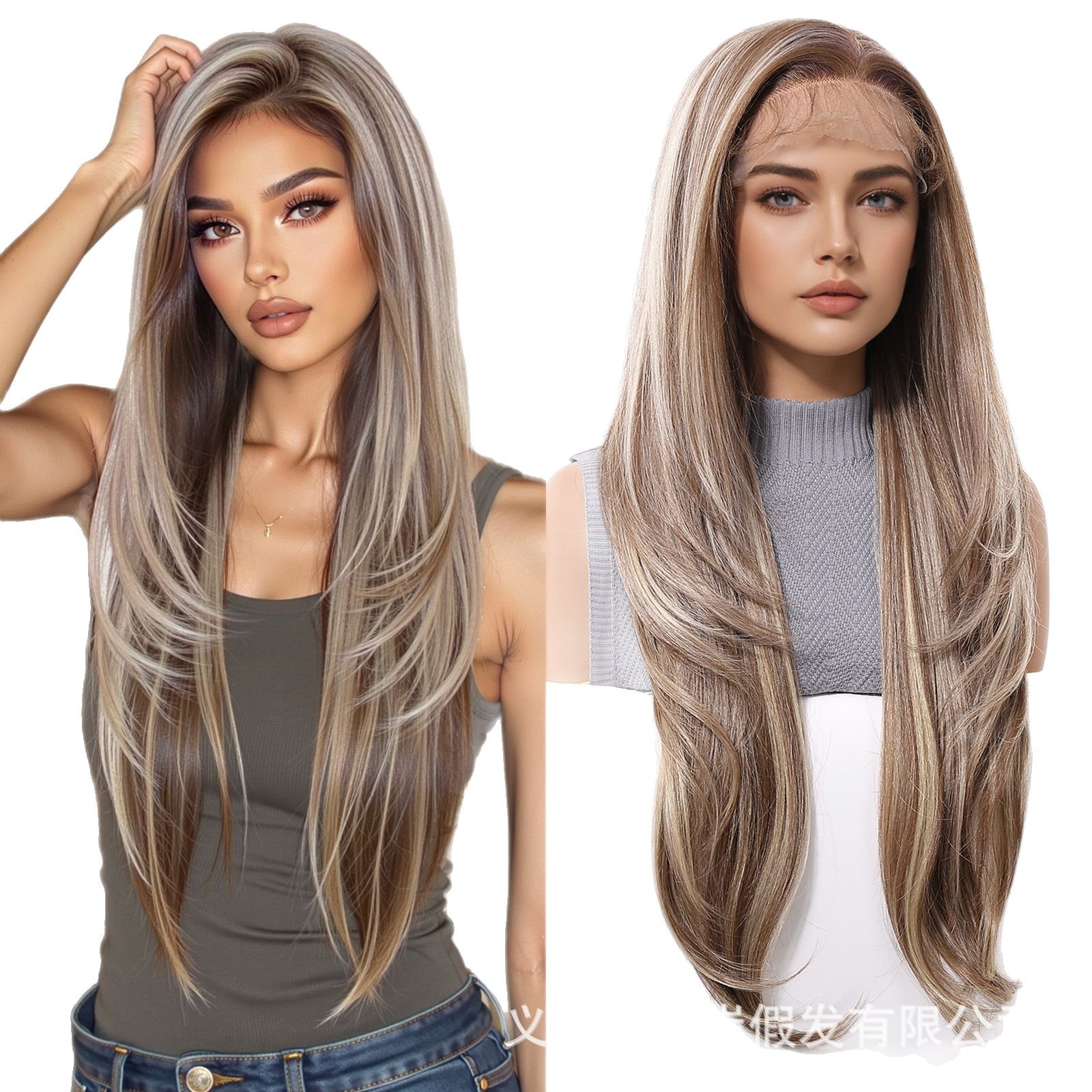 Nuevo estilo de moda 13*6 peluca de área grande, costura libre, teñido, capa dorada, sensación de atmósfera, cabello largo, casco completo