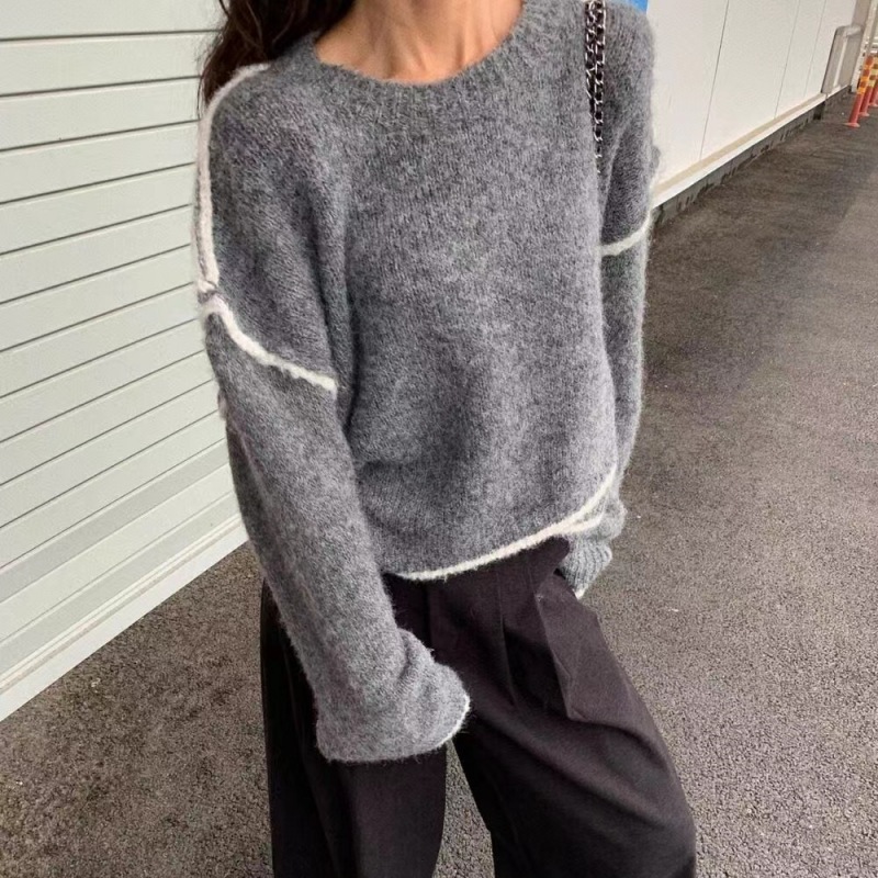 美式小众撞色不规则毛衣女2025冬季宽松慵懒风加厚圆领针织衫上衣|undefined