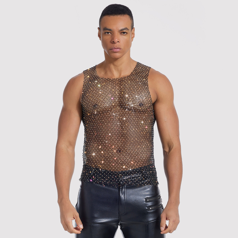 Amazon European and American Fashion Men's Mesh Rhinestone Mesh Sexy Rhinestone Top Fishnet See-Through Party Clothing for Men