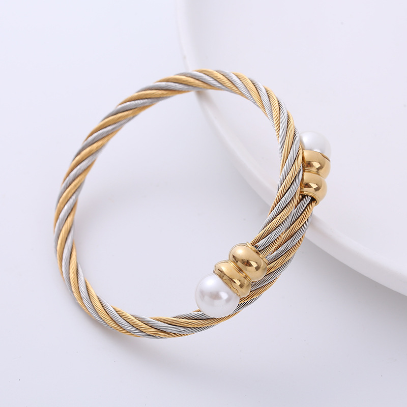 Fashion Color Block Stainless Steel Plating Inlay Artificial Pearls Bangle 1 Piece