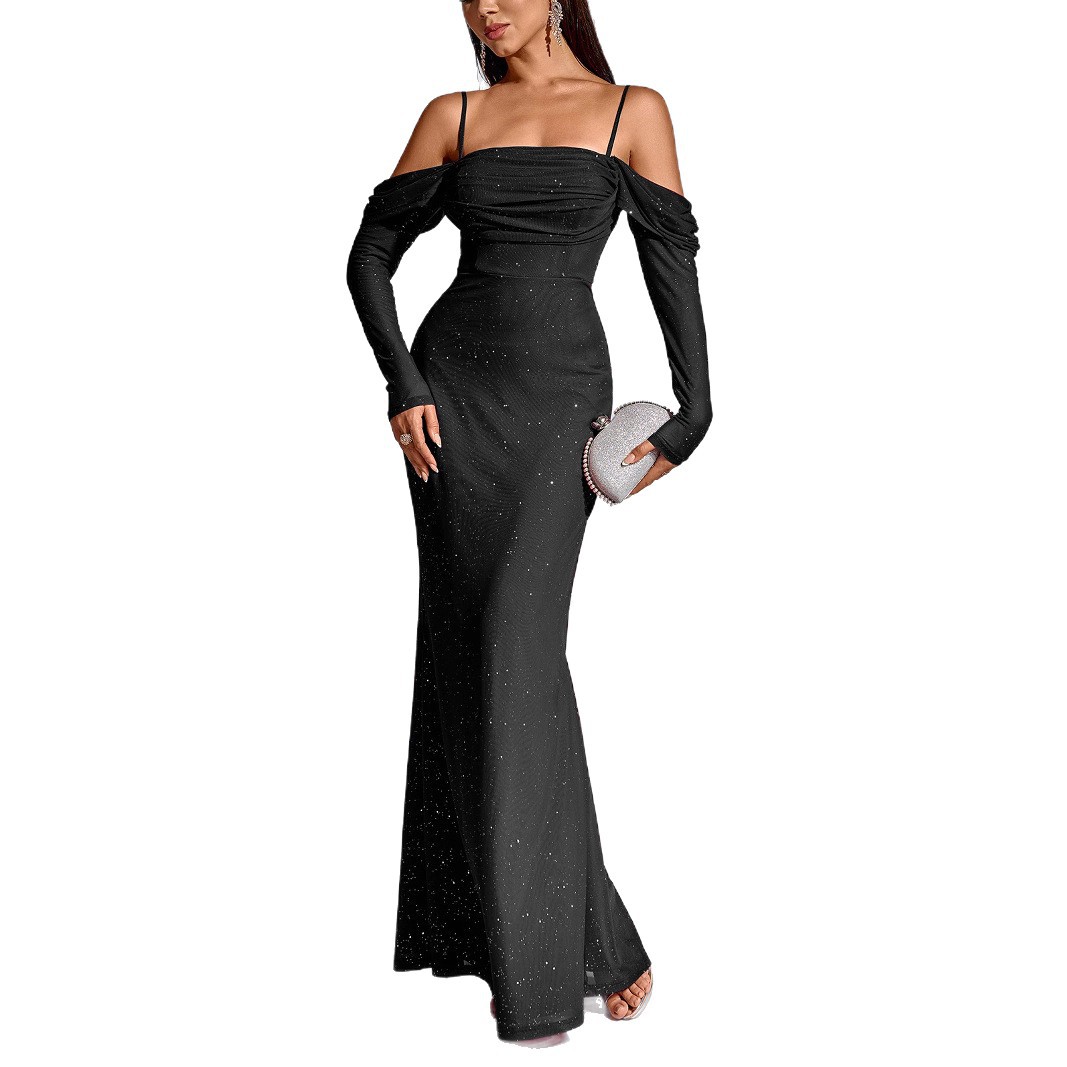 Damenbekleidung Herbst/Winter Europäischer Stil Schulterfreies Kleid Elegantes, figurbetontes Abendkleid mit puderbesetztem Mesh_voghion.com