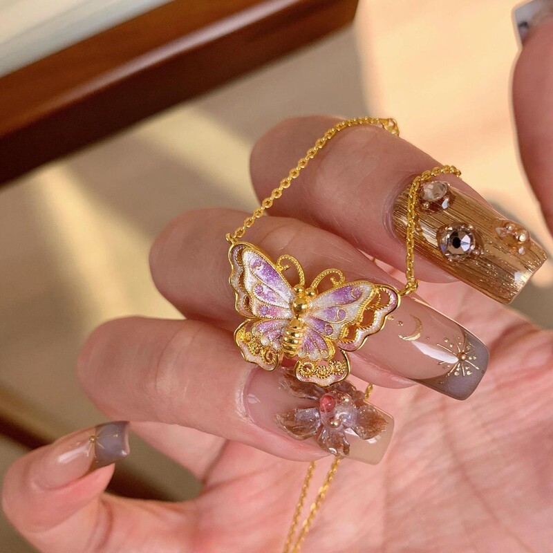 925 silver light luxury vintage high-end dreamy enamel purple butterfly necklace, new Chinese style exquisite versatile design clavicle chain