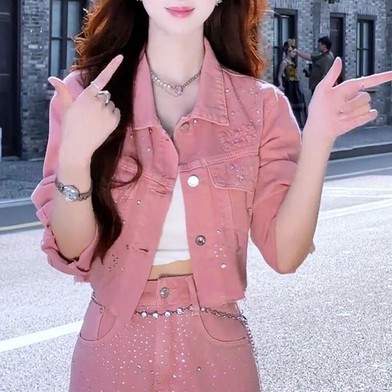 感气质时尚粉色牛仔套装女2025秋冬新款超好看外套高腰阔腿裤|undefined