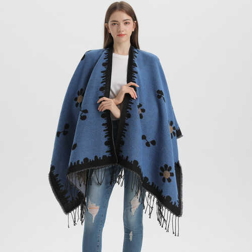Korean fashion autumn and winter shawl new style small fresh flower knitted cardigan tassel slit warm outer cape