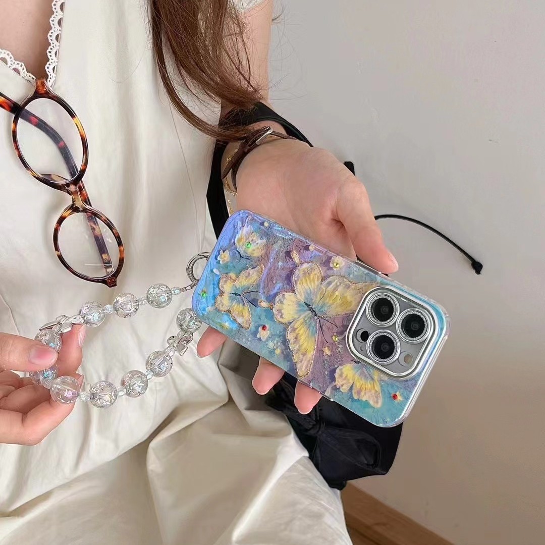 Pintura al óleo de alto valor ins mariposa uso iPhone14/13 funda para teléfono móvil 15 Apple 16ProMax femenino 15PM nuevo