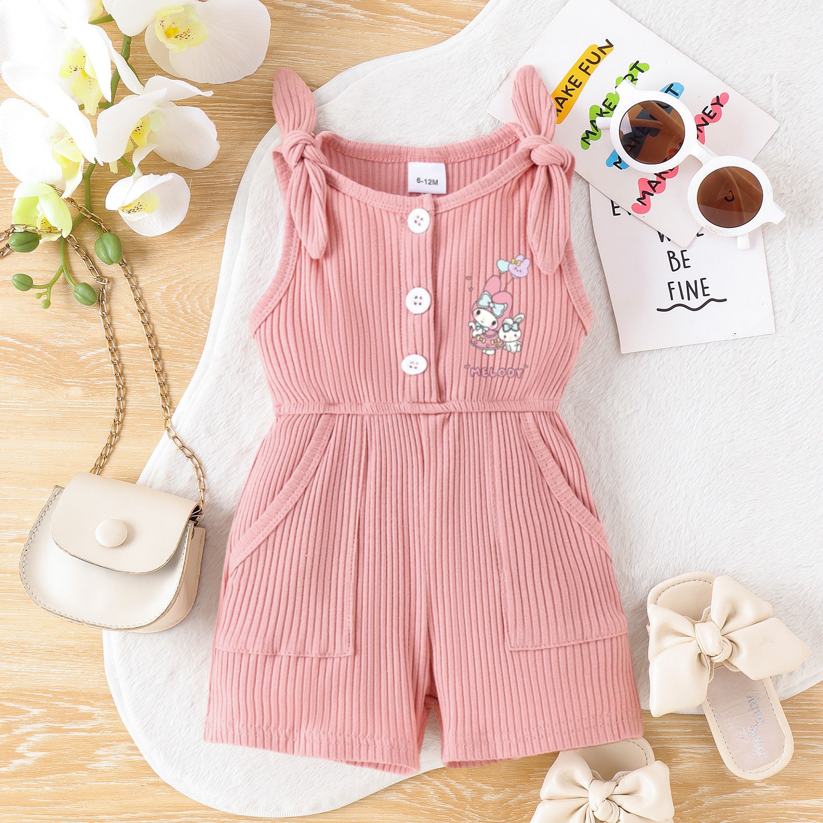 Fabricante de Ropa Infantil para Comercio Exterior 2025, Mono de Tirantes con Lazo para Niñas, Color Sólido, Informal