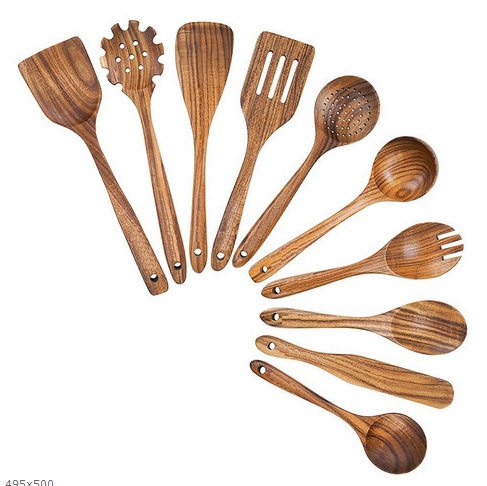 Juego de cocina de teca, cuchara de pala de madera maciza, tenedor, sartén antiadherente, utensilios de cocina de madera de acacia, espátula de mango largo, juego de cocina de 9 piezas