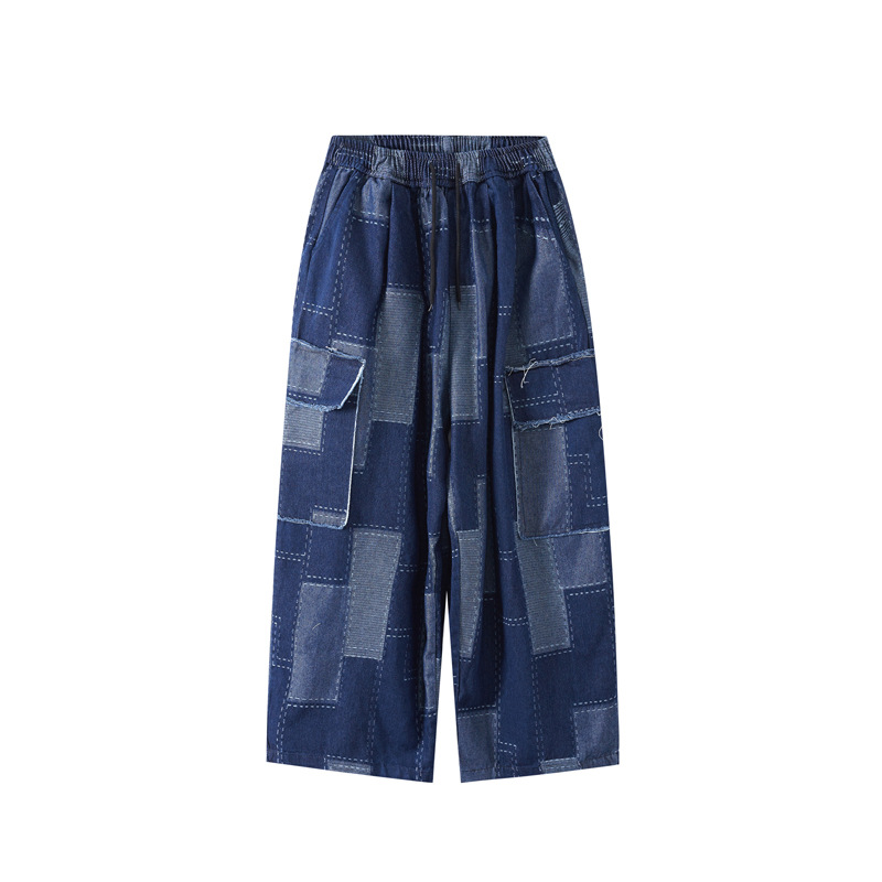 Vêtements pour hommes patchwork jambe large multi-poches jeans rétro rue silhouette ample pantalons de travail pour hommes et femmes_voghion.com
