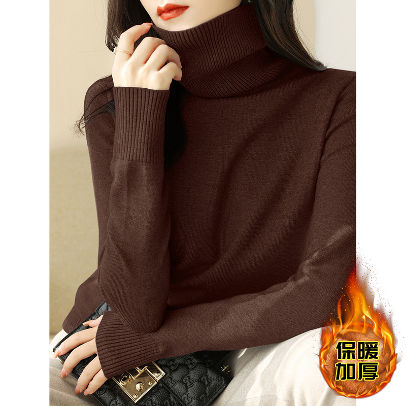 Winter New Solid Color Inner Base Top Thick Piled Turtleneck Sweater Dark Brown Long Sleeve Sweater for Women Winter New Solid Color Inner Base Top Thick Piled Turtleneck Sweater Dark Brown Long Sleeve Sweater for Women