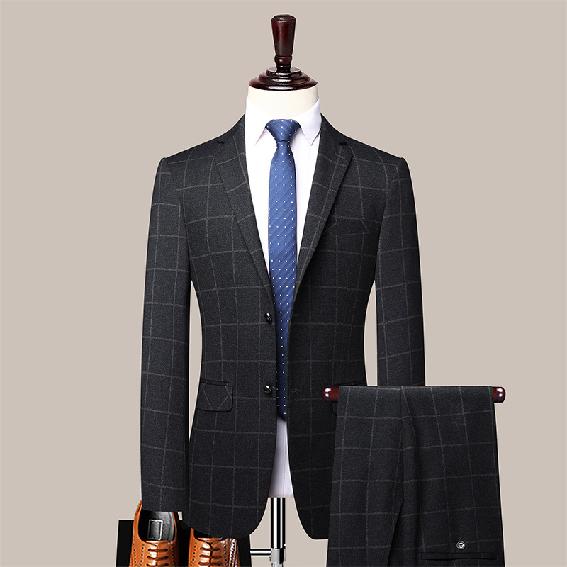Suit suit men's jacket groom wedding dress British plaid small suit male elastic slim two-piece suit