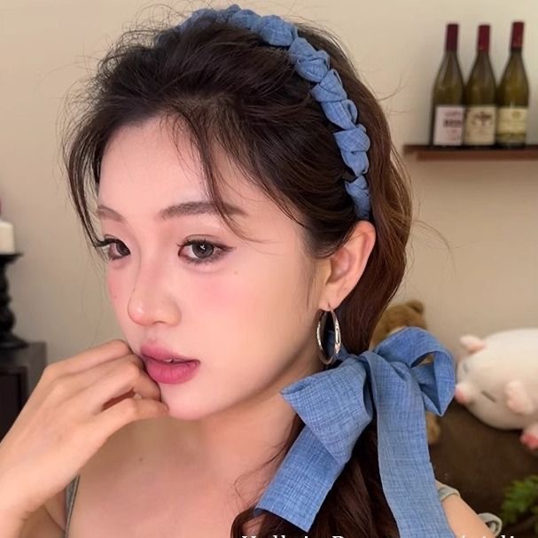 新しい夏の涼しいデニムリボンヘッドバンド、甘くてスパイシーでガーリーな、高頭頂、総歯付きコーム、編み込みヘッドバンド|undefined