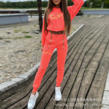 LZR17037欧美金属拉链撞色休闲兜帽卫衣套装长裤2件套