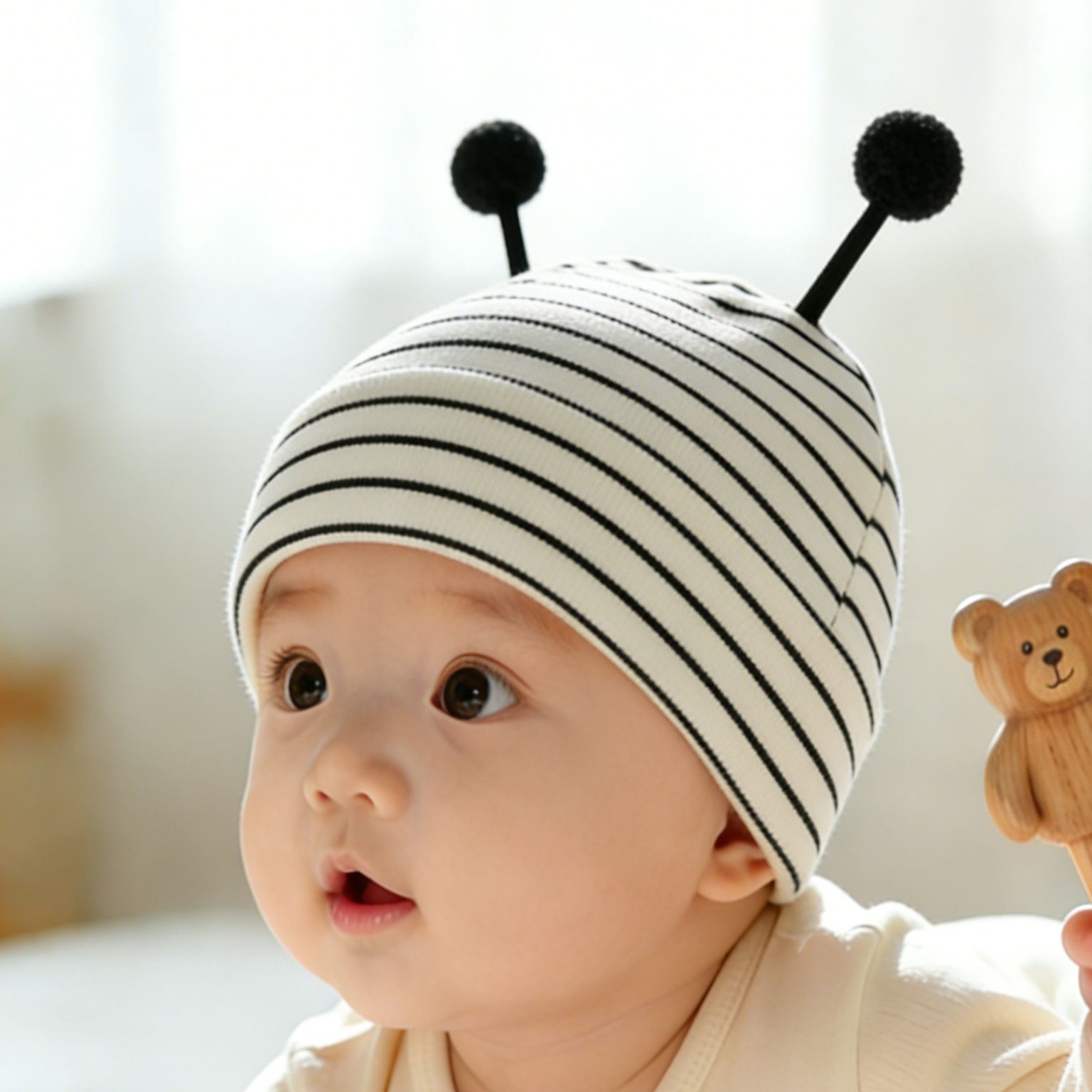 Kids Casual Sun Hat UPF 50+ Baby Infant Cap Spring, Autumn, Winter, Cute Antenna Striped Fontanelle Protective Hat For Newborn Boys_voghion.com