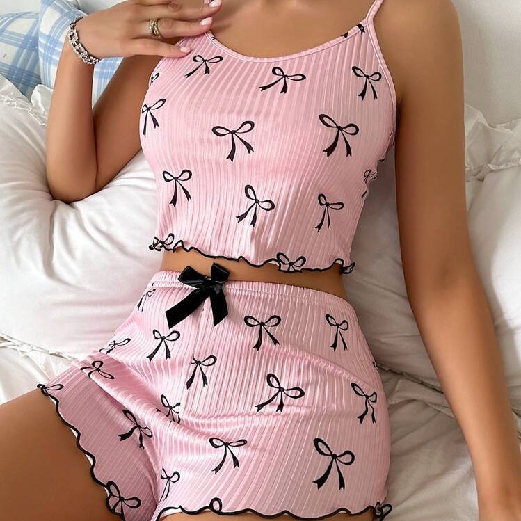 热销欧美新款时尚家居碎花坑条吊带短裤套装清新休闲居家睡衣批发