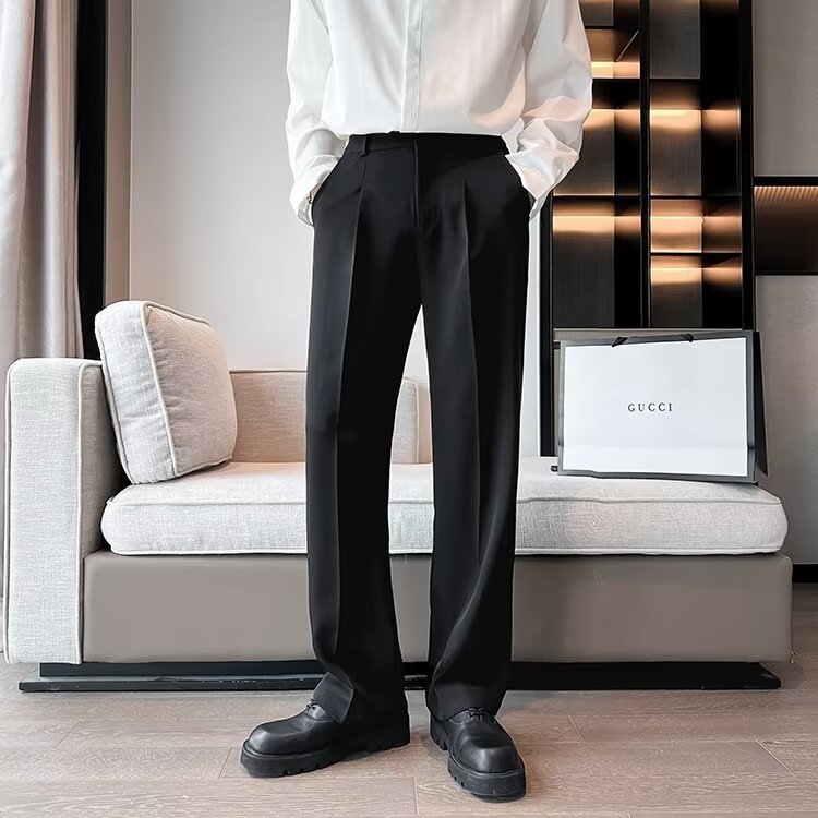 Wide Leg Pants Men's Spring and Autumn New Solid Color Lazy Style Dipper Pants Light Mature Style fleece-lined Large Size Casual Trousers