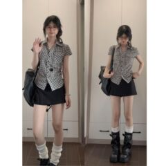 【原版格子】韩系复古格子掐腰衬衫女夏季设计感修身短款衬衣上衣