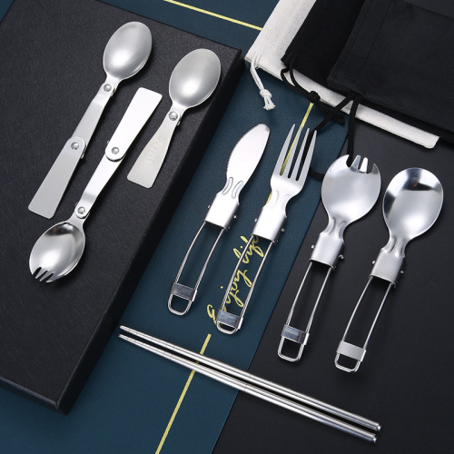 304 stainless steel portable foldable tableware set outdoor travel camping creative knife, fork, spoon, chopsticks, salad spoon
