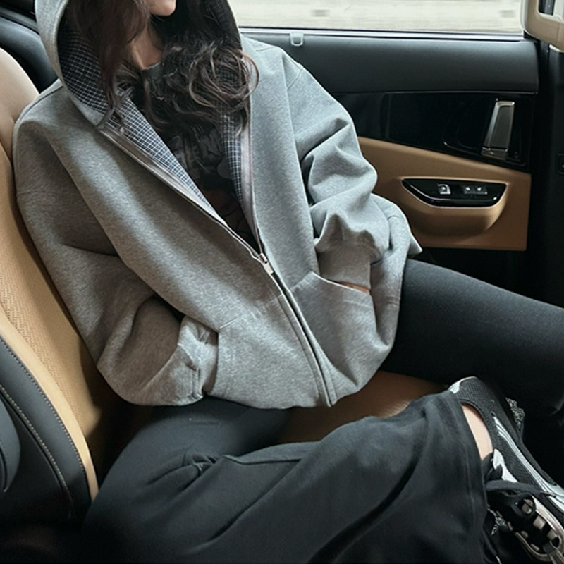 【Miu格时代】miumi*yb双层复合连帽卫衣女秋格纹外套 休闲风氛围|undefined