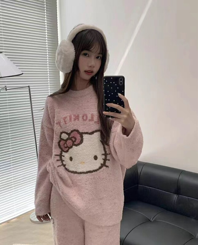 Japanese Style Lazy Style Round Neck Knitted Sweater Pink Sweater Female Student Autumn and Winter Cute Hello Kitty Jacquard Soft Waxy Top Japanese Style Lazy Style Round Neck Knitted Sweater Pink Sweater Female Student Autumn and Winter Cute Hello Kitty Jacquard Soft Waxy Top