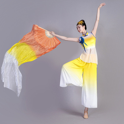 Women girls Yellow gradient hanfu Chinese folk Classical dance costumes female elegant square fan umbrella fairy ancient princess yangko dance clothes