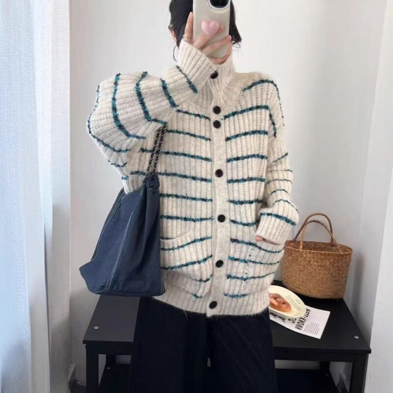 韩系条纹慵懒风长袖毛衣女2025秋季新款复古感宽松针织上衣外贸潮|undefined