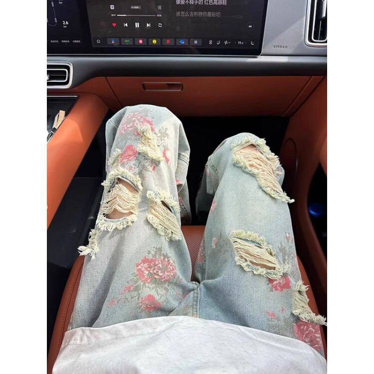 [Exclusively for Cross-Border Trade] American-Style Floral Ripped Jeans for Men, Stylish and Cool High-Street Loose Straight-Leg Pants