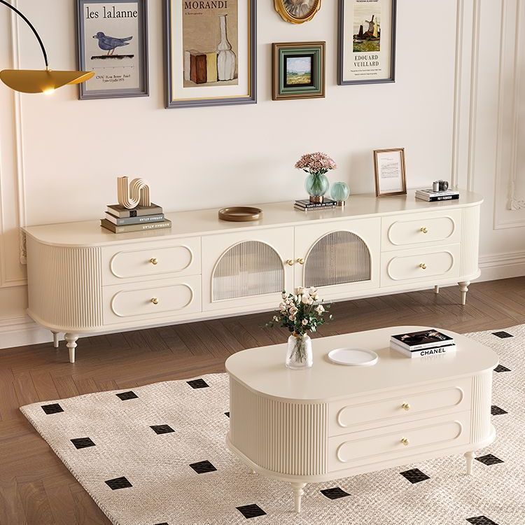 Cream Style Living Room Painted Tv Cabinet Fas Grade Pure Solid Wood Tv Cabinet Coffee Table Combination Modern Small Apartment