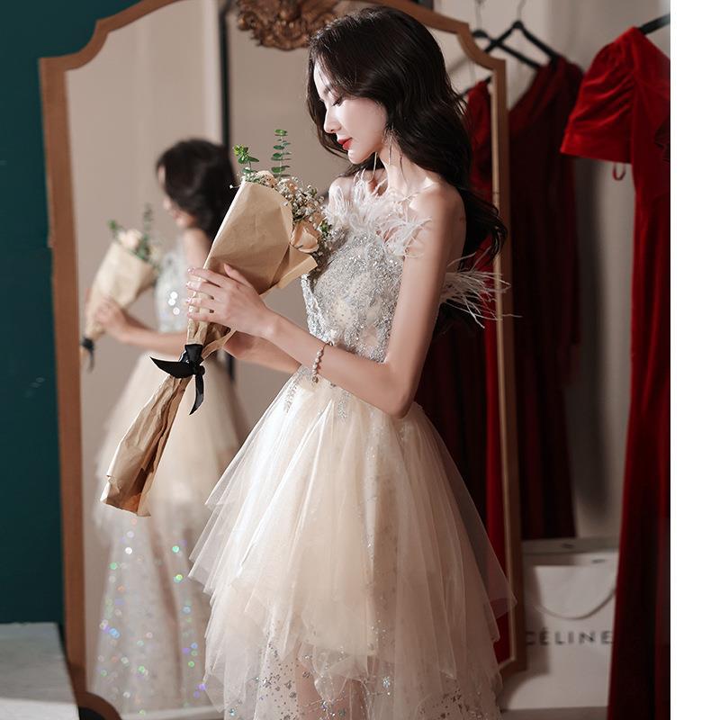 Đầm dạ hội nữ ôm body cổ yếm tay bồng thiết kế cổ tích — Mẫu dài màu sâm panh