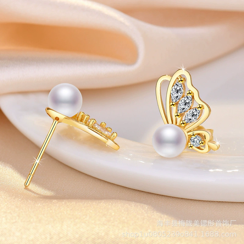 Earrings from pearl, zirconium, silver needle, Korean style, light luxury style, high-quality style, silver 925 sample, internet celebrity